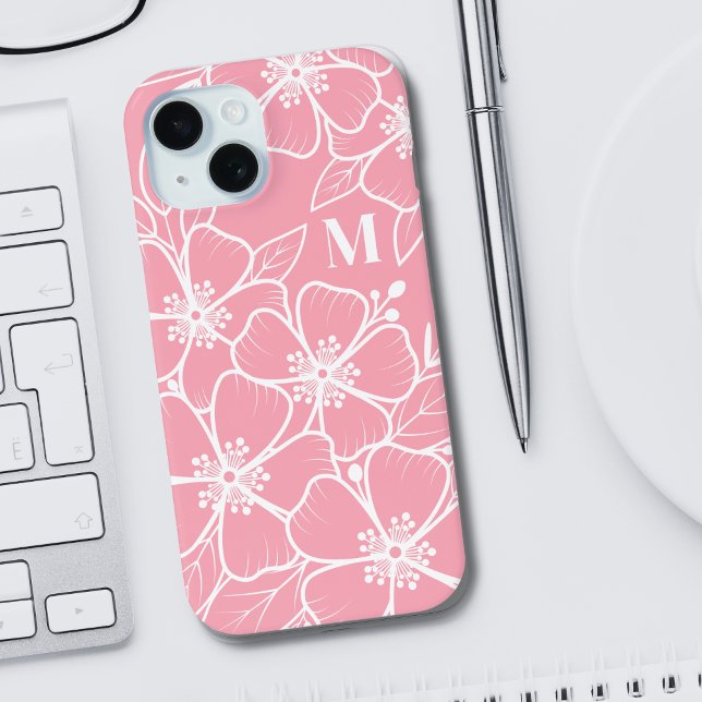 Coques Case-Mate iPhone Monogramme initial rose blanc (Girly Pink Floral Initial Monogram iPhone 15 Case)