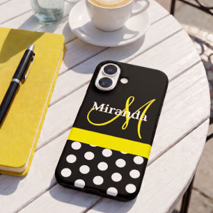 Coques iPhone 16 Monogramme jaune noir avec pois blancs