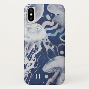 Coques Pour iPhone Monogramme Jellyfish on Navy Arrière - plan