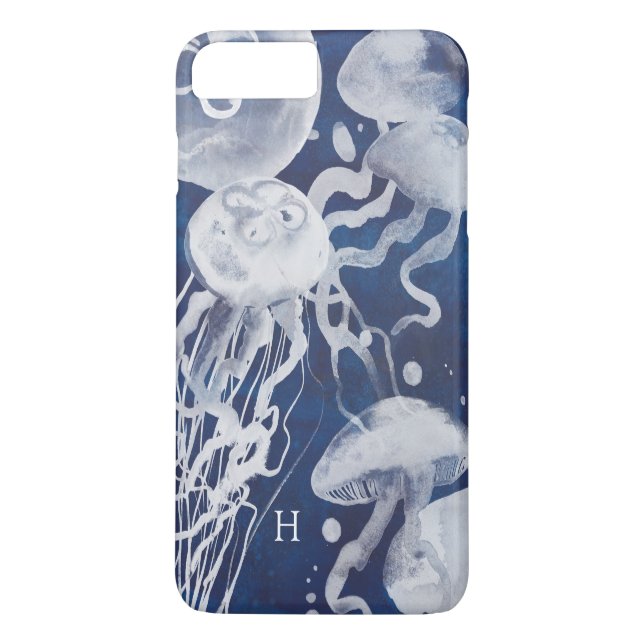 Coques Case-Mate iPhone Monogramme | Jellyfish on Navy Arrière - plan (Dos)