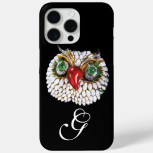Coque iPhone 15 Pro Max MONOGRAMME JEWEL OWL, Or, Émeraude verte, opale
