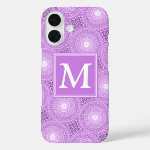 Coques iPhone 16 Monogramme lilas cercles pourpres motif