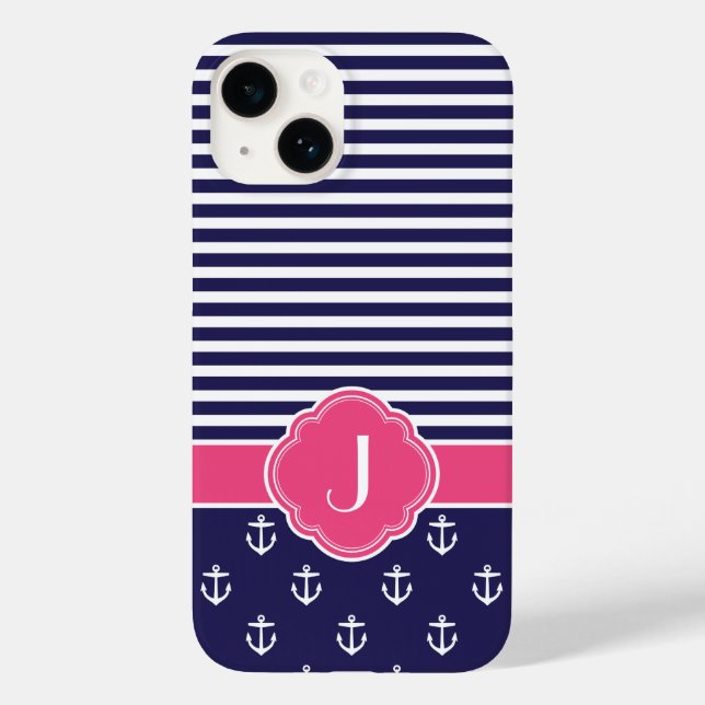 Coques Case-Mate iPhone Monogramme marin bleu et rose de Preppy (Verso)
