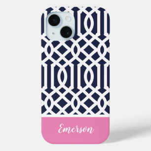 Coque Pour iPhone 15 Monogramme marine et Trellis rose