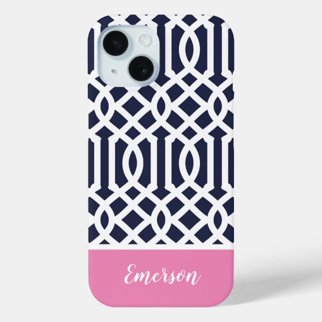 Coques Case-Mate iPhone Monogramme marine et Trellis rose (Verso)