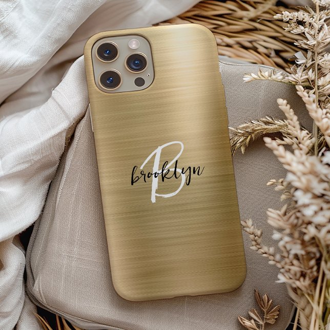 Coques Case-Mate iPhone Monogramme Métal Brossé Or Noir Blanc Script  (Créateur téléchargé)