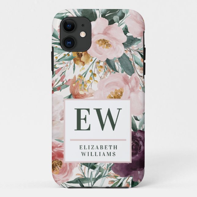 Coques Case-Mate iPhone monogramme moderne aquarelle florale élégant (Dos)