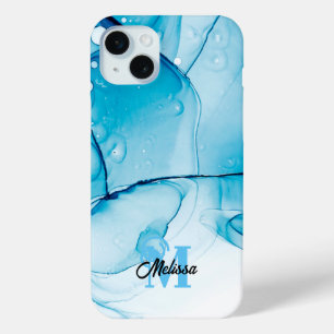 Coque iPhone 15 Mini monogramme moderne bleu marbré