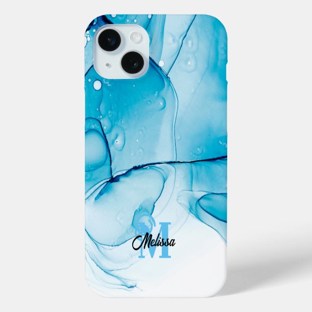 Coques Case-Mate iPhone monogramme moderne bleu marbré (Verso)