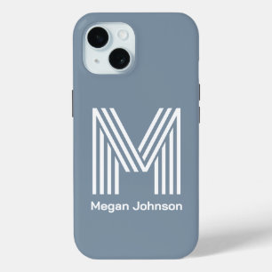 Coque Pour iPhone 15 Monogramme Moderne Bleu Poussiéreux