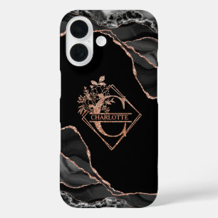 Coques iPhone 16 Monogramme moderne C Noir Agate Marbre Rose Or