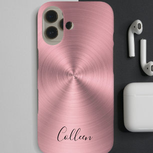 Coques iPhone 16 Monogramme moderne en métal rose