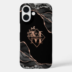 Coques iPhone 16 Monogramme moderne M Noir Agate Marbre Rose Or