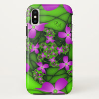 Monogramme moderne Neon Rose Vert Fleurs fractales