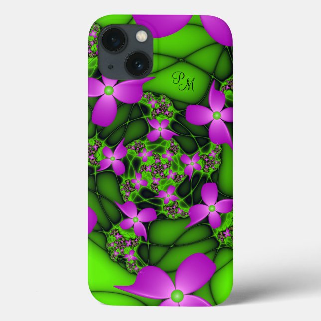 Coques Case-Mate iPhone Monogramme moderne Neon Rose Vert Fleurs fractales (Verso)