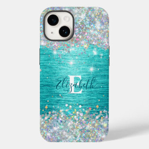 Coque Pour iPhone 14 Monogramme moderne Turquoise Holographique Faux Pa