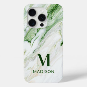 Coque iPhone 15 Pro Monogramme Moderne Vert Blanc Personnalisé Élégant