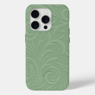 Coque iPhone 15 Pro Monogramme monochromatique vert Sage