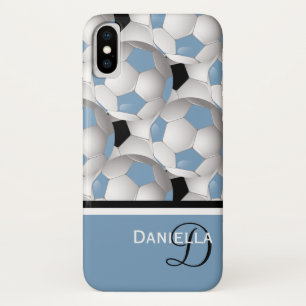 Coques Pour iPhone Monogramme Motif de ballon de soccer noir bleu cla