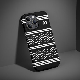 Coques iPhone 16 Pro Monogramme Motif de bandes ondulées noir et blanc