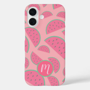 Coques iPhone 16 Monogramme Motif de pastèque rose