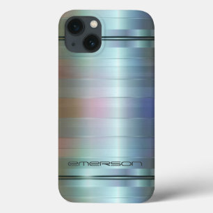 Etui iPhone 13 Monogramme Motif de rayures bleu-gris métallique