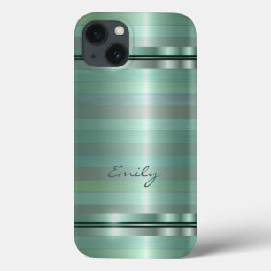 iPhone 13 Case Monogramme Motif métallique doux vert rayures