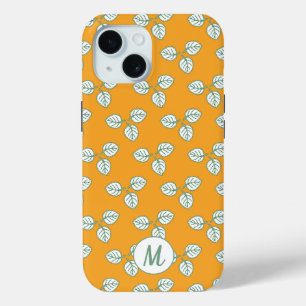 Coque Pour iPhone 15 Monogramme Motif orange et feuille blanche moderne