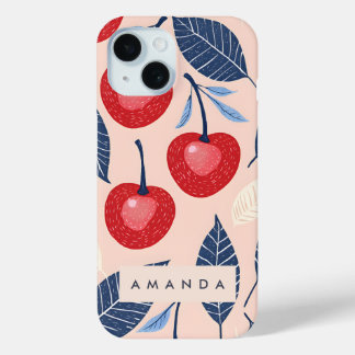 Coque Pour iPhone 15 Monogramme Motif personnalisé cerise et feuille