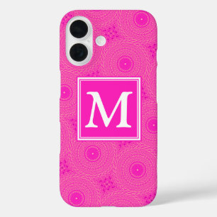 Coques iPhone 16 Monogramme motif rose chaud cercles
