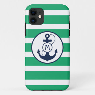 Coque iPhone 11 Monogramme nautique vert d'Ancre