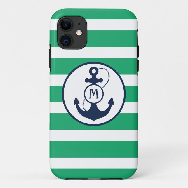 Coques Case-Mate iPhone Monogramme nautique vert d'Ancre (Dos)