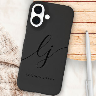 Coques iPhone 16 Monogramme Noir Calligraphie Initiales de script É