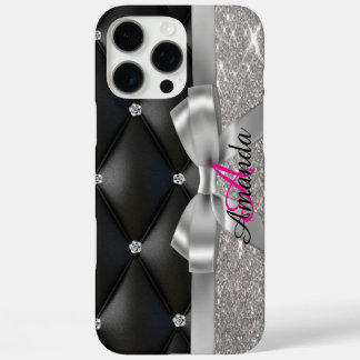 Coques iPhone 16 Pro Max monogramme noir parties scintillant argent