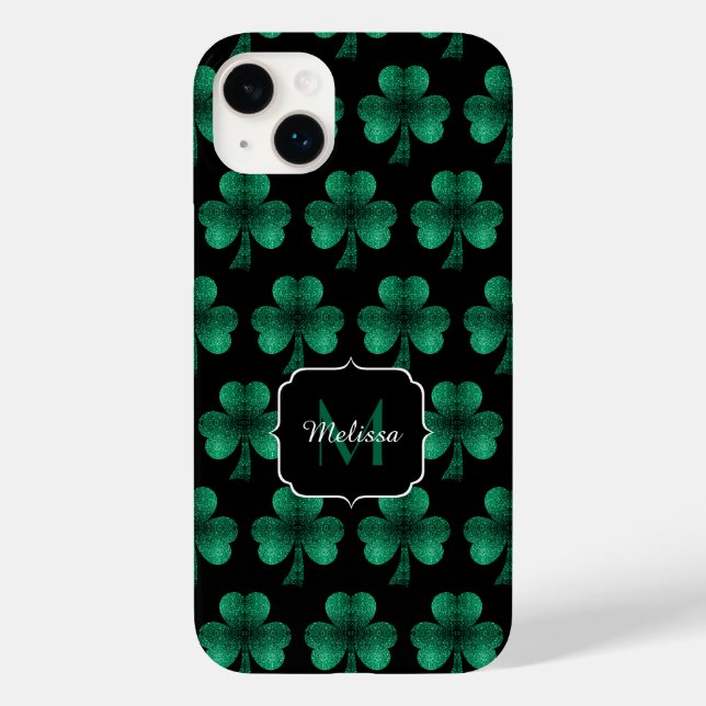 Coques Case-Mate iPhone Monogramme noir Shamrock Emerald Green Sparkles (Verso)