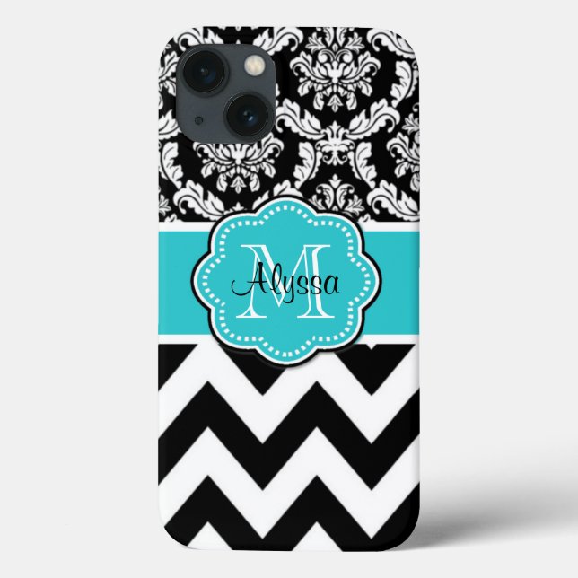 Coques Case-Mate iPhone Monogramme noir turquoise de Chevron de damassé (Verso)