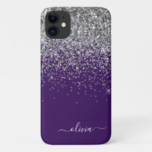 Case-Mate iPhone Case Monogramme Nom Féminin Paillettes Violet Argent