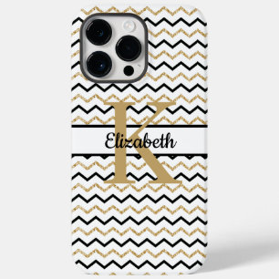 Coque Pour Pour iPhone 14 Pro Max Monogramme Nom Initial Noir Or Chevron Zig Zag