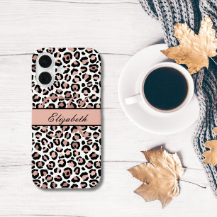 Coques iPhone 16 Monogramme Nom Rose Gold Imprimé Léopard Noir