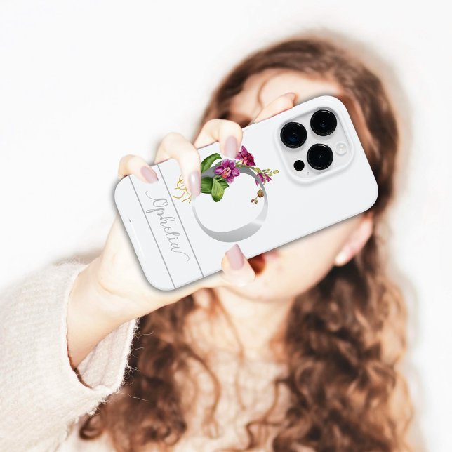 Coques Case-Mate iPhone Monogramme O argenté nom orchidée rose blanc (Créateur téléchargé)