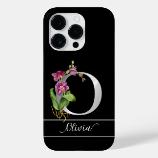 Coque Pour iPhone 14 Pro Monogramme O argenté nom orchidée rose noir