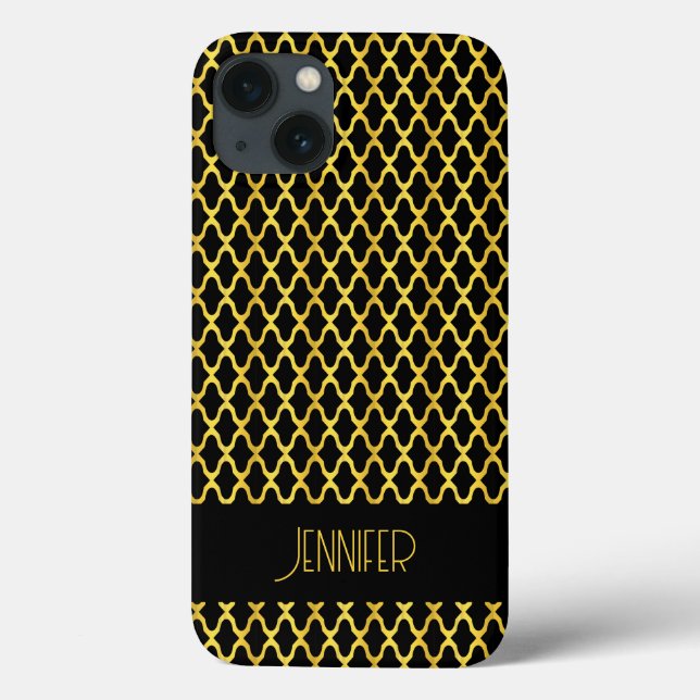 Coques Case-Mate iPhone Monogramme or et noir quatrefoil motif (Verso)