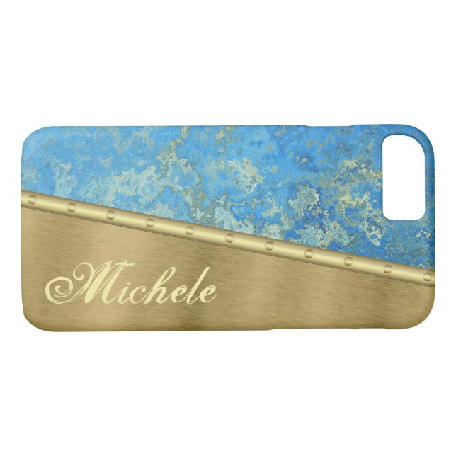 Coques Case-Mate iPhone Monogramme or et quartz bleu (Dos (Horizontal))