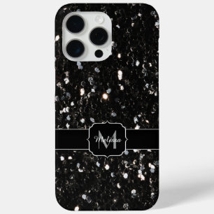 Coque iPhone 15 Pro Max Monogramme pailleté brillant noir et blanc