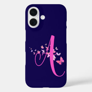 Coques iPhone 16 Monogramme Papillon bleu rose