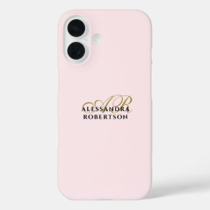 Coques iPhone 16 Monogramme Pastel Rose Or Noir élégant minimaliste