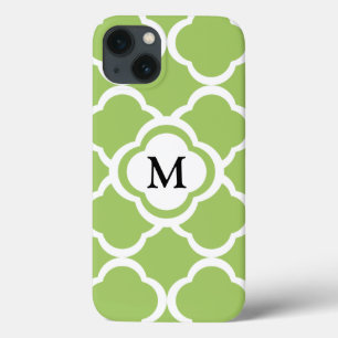Etui iPhone 13 Monogramme personnalisable Lime Green Quatrefoil
