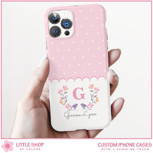 Coques iPhone 16 Monogramme personnalisé à pois floraux roses