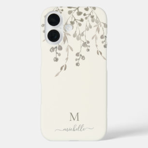 Coques iPhone 16 Monogramme personnalisé aquarelle botanique ivoire