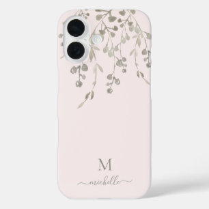 Coques iPhone 16 Monogramme personnalisé aquarelle botanique rose